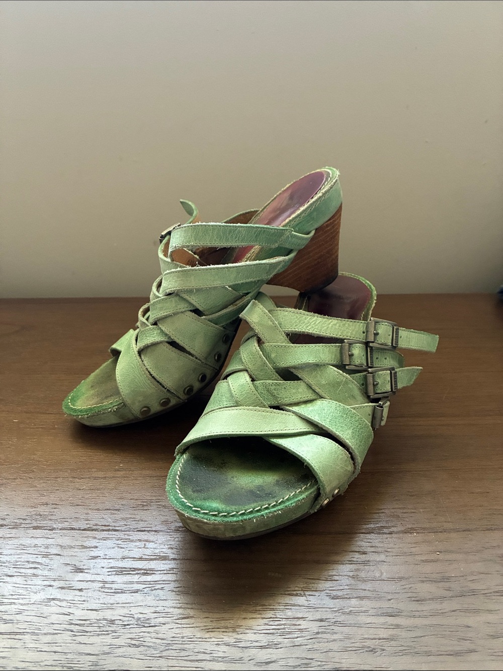 John Fluevog Green Strappy Mule Heels